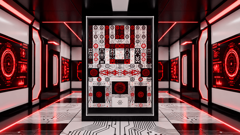 Futuristic corridor with red lights and a patterned wall display in the center