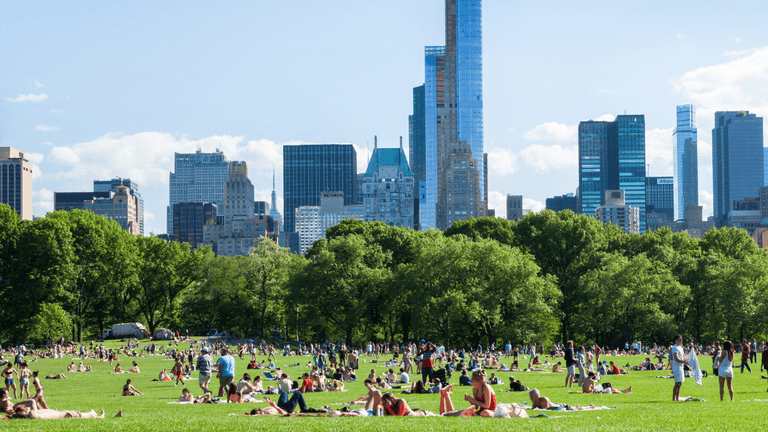 Crowds relax and walk across a large green urban park surrounded by trees and city skyscrapers.